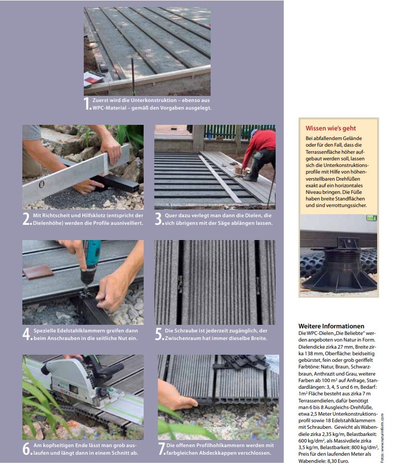 Anleitung zum Bau einer Terrasse mit grauen WPC Dielen, mit Bildern und Schritt für Schritt Anleitung