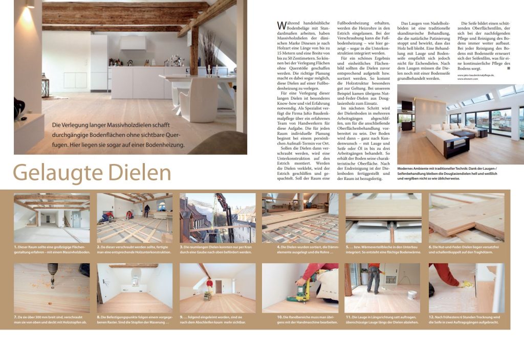 Anleitung zum Verlegen gelaugter Massivholzdielen, die meterlang sind, mit Bildern und Schritt für Schritt Anleitung