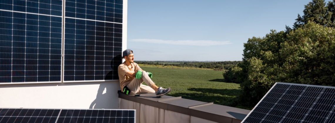 Solaranlagen auf einem Balkon, ein Mann sitzt auf der Brüstung seines Balkons.