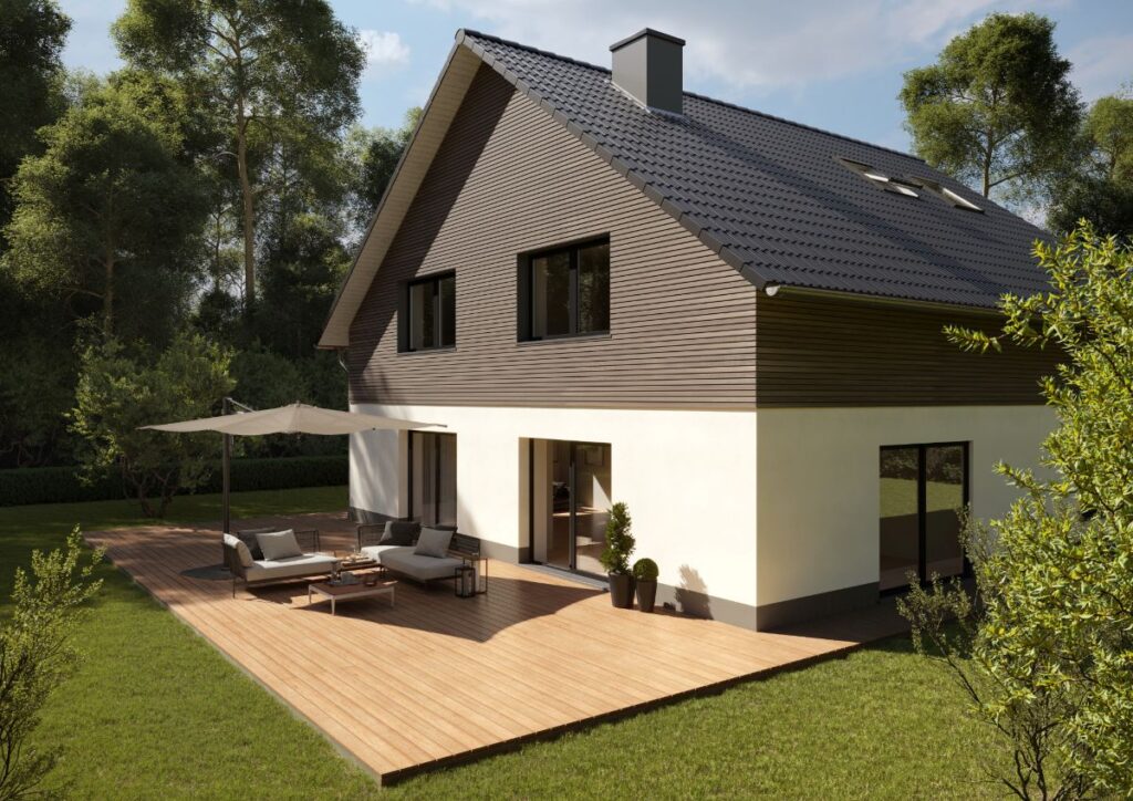 Einfamilienhaus im Grünen mit großer Holzterrasse und Terrassendielen aus Holz von Osmo