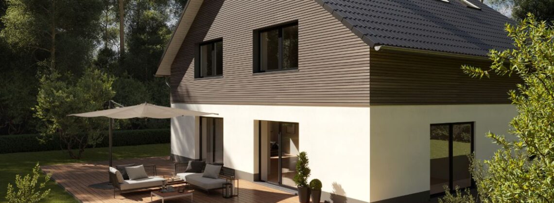 Einfamilienhaus im Grünen mit großer Holzterrasse und Terrassendielen aus Holz von Osmo