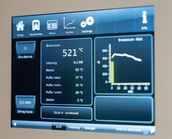 Photovoltaik und Holzofen: Effizient heizen mit Sonne, Strom und Holz 6 Steuerung Heizung mit smartem Energiemanager Anzeige Display Brunner