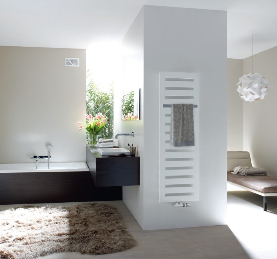 Zehnder Bad mit weißen und schwarzen Elemente und weißem Heizkörper
