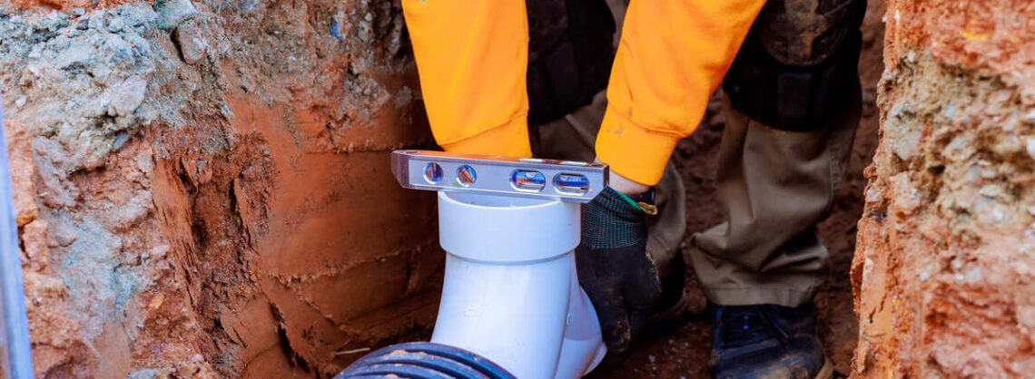 Arbeiter checkt einen Kanal für die Sanierung