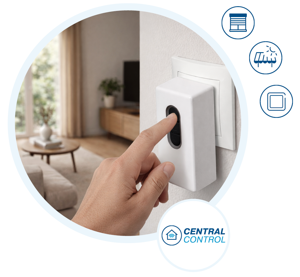 Neue Kompaktsteuerung per Plug & Play: Mit der CentralControl CC11 Rollladen, Sonnenschutz und weitere Anwendungen smart steuern 3 Steuerung Rollladen an der Wohnzimmerwand