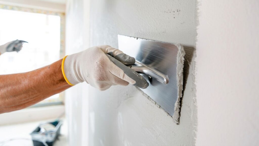 Anbringen von Putz auf einer Wand mit der Kelle